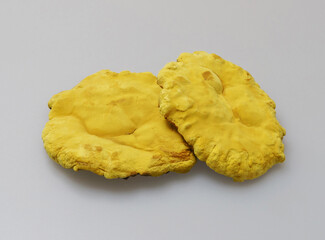 Canvas Print - Close-up of two dried raw yellow mushrooms of Phellinus linteus on white floor, South Korea
