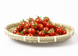 Poster - Close-up of stacked fresh cherry tomatoes on bamboo basket, South Korea
