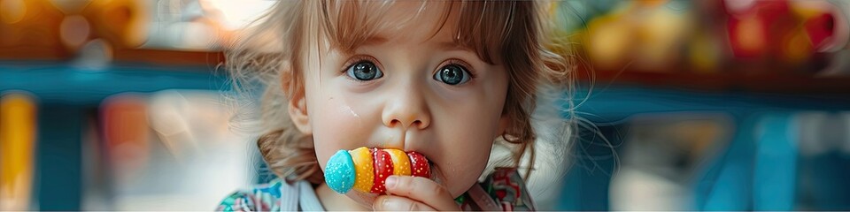 Wall Mural - little girl eats candy. Selective focus