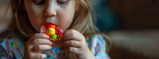 Wall Mural - little girl eats candy. Selective focus