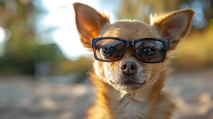 Stylish chihuahua dog strikes a pose outdoors in trendy sunglasses on a sunny day, exuding happiness and cuteness in a funny and adorable portrait, perfect for animal lovers and summer vibes