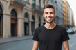 © drimerz - portrait of a smiling man wearing  blank white t-shirt mockup on blurred morning city background