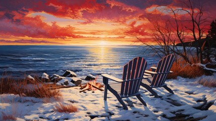 Poster - two chairs in the snow by an campfire