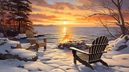 Poster - two chairs in the snow with fire pit