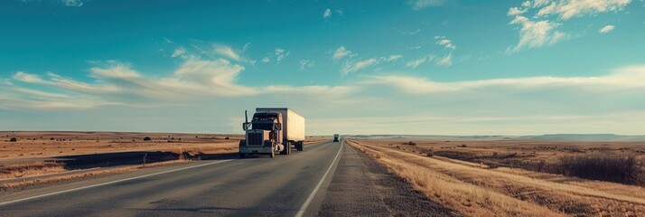 Poster - A white semi-truck drives on a highway with a vast, open horizon and a clear blue sky. Generative AI