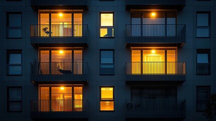 Sticker - Illuminated Balconies in a Modern Apartment Building - Photo