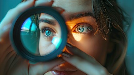 Canvas Print - close-up of a girl holding a lens. Selective focus