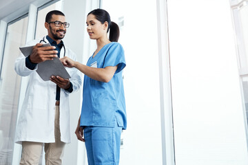 Leinwandbilder - Cardiology, medical or tablet with doctor and nurse in hospital for collaboration, diagnosis or discussion. Healthcare, consulting or smile with happy medicine professional man and woman in clinic