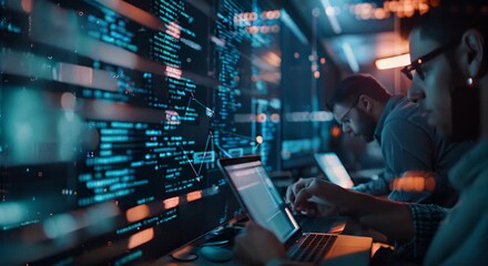 A man is working on a laptop in front of a computer monitor with a lot of code on it. Another man is also working on a laptop in the same room