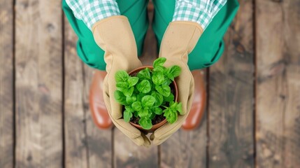 A gardener holds a small pot of fresh green mint, ready to be planted or used in cooking, showcasing a love for nature.