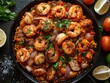 © frank29052515 - Delicious Paella Pan with Seafood, Chicken, and Vegetables from Above
