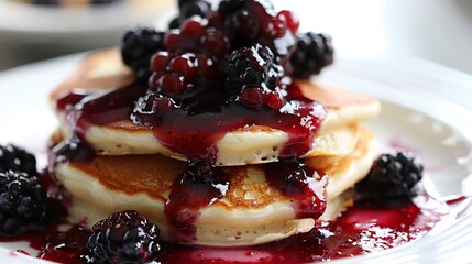 Delicious Pancakes with Blackberry Syrup and Fresh Berries