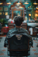 Wall Mural - Rear view of a young man sitting in a chair in a barber shop.