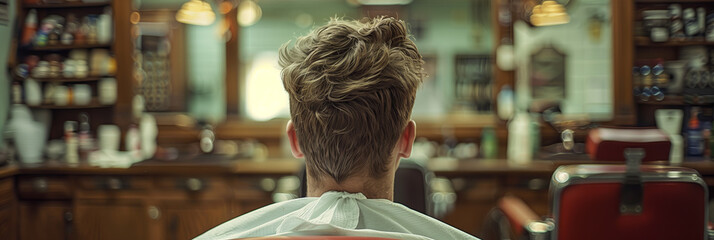 Wall Mural - Rear view of a young man sitting in a chair in a barber shop.