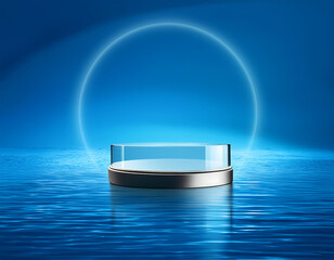 Wall Mural -  Blue Water Background with 3D Display Stand- A luxurious glass podium set against a blue wa_1(90)