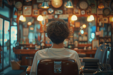 Wall Mural - Rear view of a young man sitting in a chair in a barber shop.