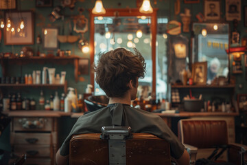 Wall Mural - Rear view of a young man sitting in a chair in a barber shop.