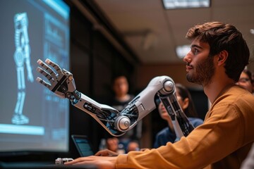 Aufkleber - Male professor demonstrates tech arm modification to diverse students.