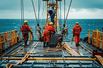 A group of technicians performing a safety check on an offshore wind turbine platform. They are using advanced diagnostic equipment and discussing their findings.