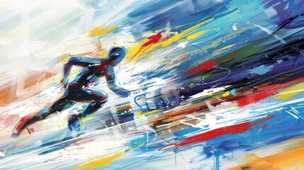 A man is running in a painting with a ball in his hand