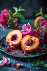 Poster - Peach slices on a plate. Selective focus.