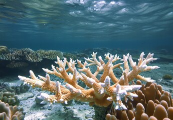 Wall Mural - A close up of a coral head with extensive bleaching and broken branches