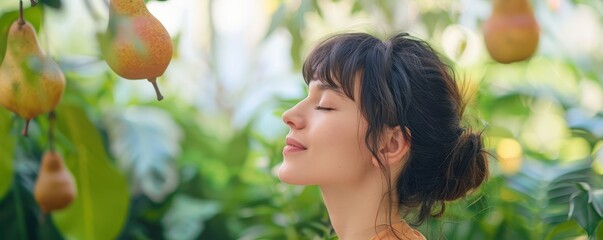 Wall Mural - Serene Woman Embracing Digital Detox and Mental Health Break, Wearing Pear Headphones