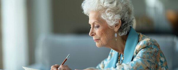 Wall Mural - Tranquil Senior Woman Writing Letters in Royal Azure Attire