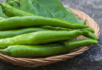 Canvas Print - Close-up of green peppers with water drop on bamboo basket, South Korea
