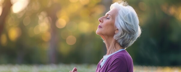 Wall Mural - Serene Senior Woman Embracing Mindfulness in Park, Relaxing in Rebecca Purple Attire for Stress Relief