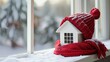© Tanakorn - Small White House Wrapped in a Red Knit Hat and Scarf Against a Snowy Window Background