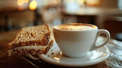 Wall Mural - close-up of a cup of coffee and a sandwich. Selective focus