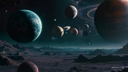 Wall Mural - Video footage of space scene with multiple celestial bodies. In the foreground, there’s a prominent planet resembling Earth, complete with water and landmasses