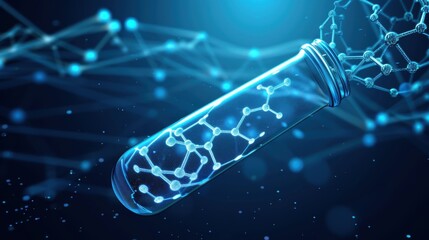 Test tube with 3D molecular diagrams, dynamic science analysis