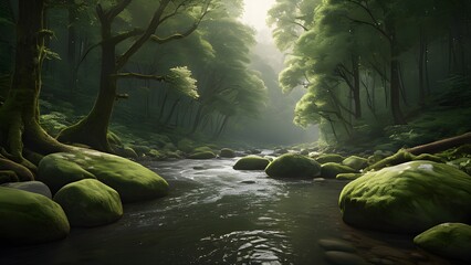  Scenic river flowing through lush forest with rocks and trees