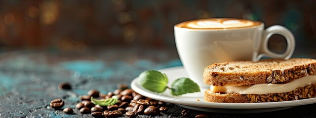 Wall Mural - close-up of a cup of coffee and a sandwich. Selective focus