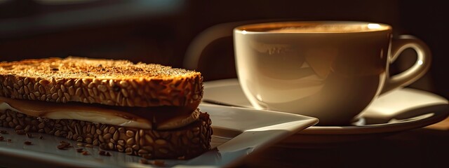 Wall Mural - close-up of a cup of coffee and a sandwich. Selective focus