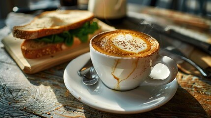 Wall Mural - close-up of a cup of coffee and a sandwich. Selective focus