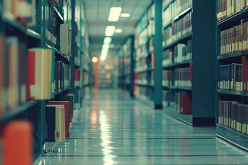 Aufkleber - Vintage style blur school library with book shelves for education background