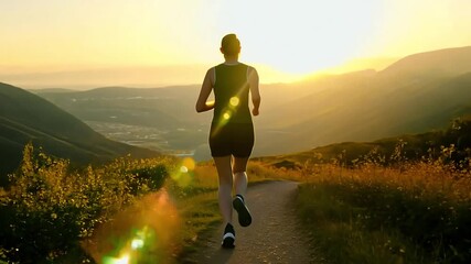 Wall Mural - Female runner pushes onward, bathed in the warm glow of the setting sun, her silhouette a testament to dedication and the pursuit of personal goals.