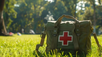 First aid kit bag in the park generative ai