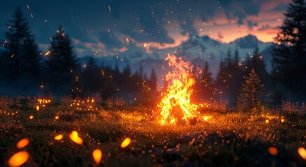 Wall Mural - Campfire Under a Starry Sky With Mountain Views at Twilight