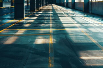 Teal Blue Empty Industrial Floor With Yellow Lines - Modern Architecture & Interior Design Minimalist Background