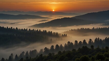 Wall Mural - Serene Sunrise Over Misty Forest Landscape