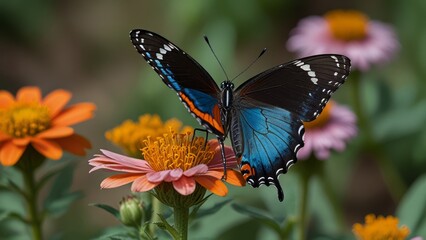 Wall Mural - Vibrant Butterfly on Colorful Flowers