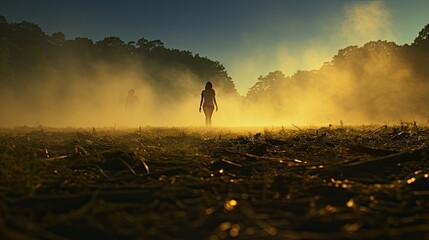 Wall Mural - A person standing in a rural area with smoke emitting from the ground or nearby  