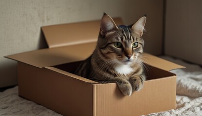 Wall Mural - Tabby Cat Relaxing in a Cardboard Box