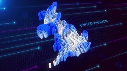 Wall Mural - digital motion 3d perspective dynamic rippling map of united kingdom in blue and white, set against 