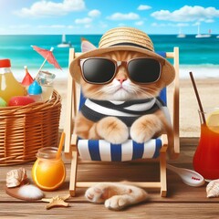 Wall Mural - Funny cute cat in sun bed on summer vacation at beach.