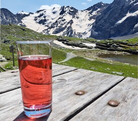 Aperitif on the alpine pasture with snow-capped mountains in front of you